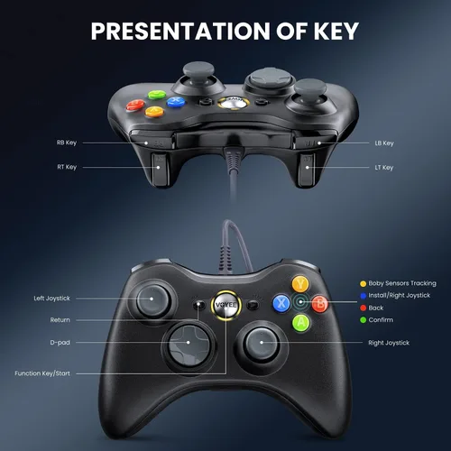Vista 5 de VOYEE Controlador de PC, controlador con cable compatible con Microsoft Xbox 360 y SlimPC Windows 1087, con joystick mejorado, doble choque