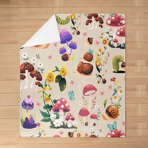 Vista 2 de jejeloiu Cute Mushroom Decor Plush Throw Blanket, For Kids Boys Girls 40"x50" Botanical Plants All Season,Bed Blanket Cartoon Mushrooms Flannel