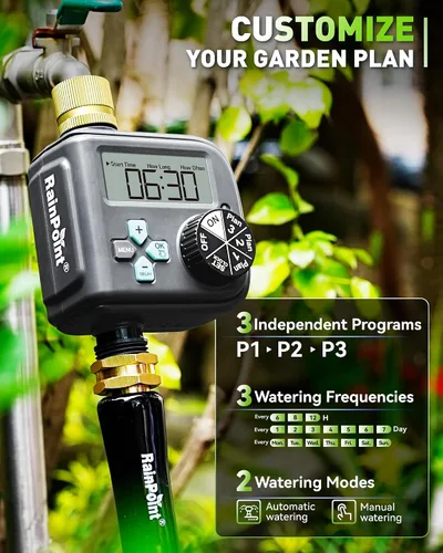 Vista 3 de RAINPOINT Temporizador de aspersor con 3 programas diferentes, temporizador de manguera impermeable, entrada de latón con retardo de lluvia, sistema