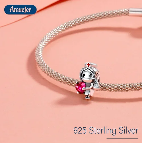 Vista 2 de 925 Sterling Silver Charms Nurse, Pink Ribbon, Dancing girl, Feather Pendant Gifts For Bracelet Necklace