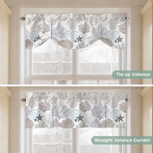 Vista 3 de Cenefa de amarre para ventanas, cortinas náuticas costeras de coral, cenefas con bolsillo para barra, cortinas de ventana con temática de playa