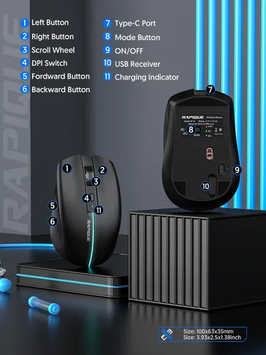 Vista 6 de RAPIQUE Ratón Inalámbrico Bluetooth - (BT1/BT2+USB) Tri-Modo de Alto Rendimiento, Recargable, Clic Silencioso, Compatibilidad Multi-Dispositivo