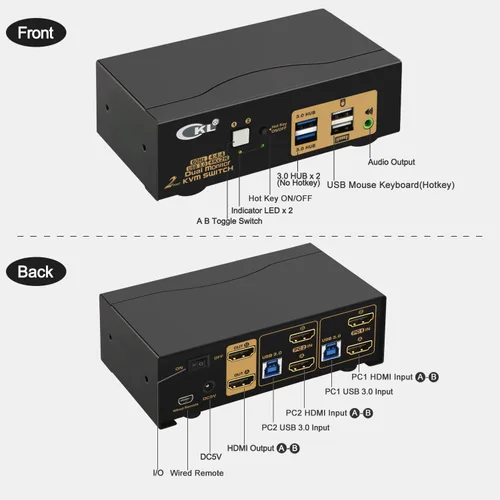 Vista 2 de CKL Conmutador KVM Dual Monitor HDMI 4K @60Hz (2 Monitores 2 Computadoras 922HUA-3) para el hogar y la oficina a consola, computadoras portátiles