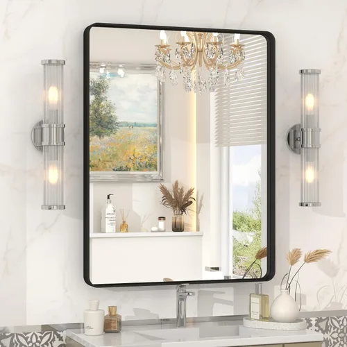 Vista 15 de Espejo rectangular para pared de baño de 20x30 pulgadas con marco negro mate, espejo de tocador con esquinas redondeadas, espejo de baño de metal