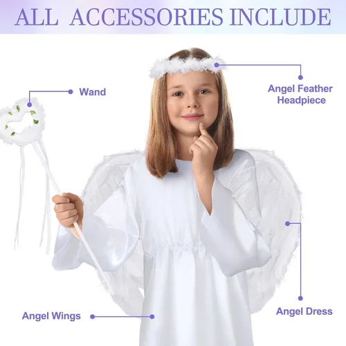 Vista 3 de Eurzom Juego de 4 piezas de disfraz de ángel para niñas, vestido blanco, alas de plumas de ángel, halo de ángel y varita para niños, fiesta