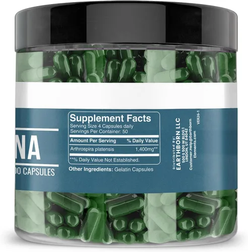 Vista 2 de Earthborn Elements Spirulina 200 cápsulas, pura y sin diluir, sin aditivos