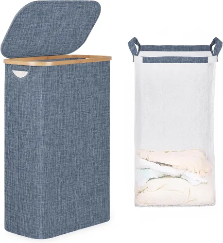 Vista 20 de iEGrow - Cesta de lavandería delgada de 65L, cesta de lavandería estrecha con tapa, cesta de ropa plegable con asas de bambú, cesta de lavandería