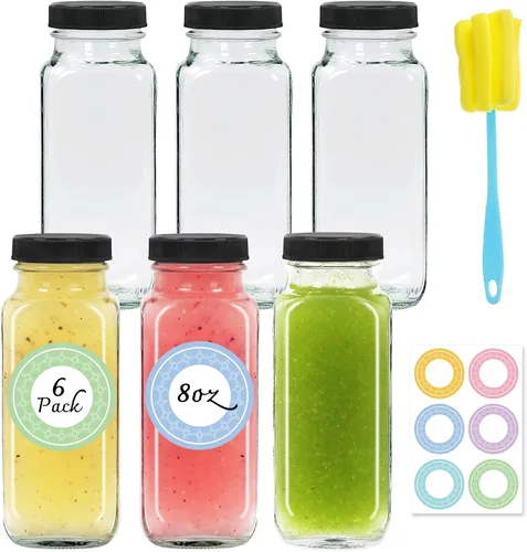Vista 13 de NEWMIAO 3 paquete de 8 onzas Botellas de jugo de vidrio con tapas, 250 ml Botellas de agua de vidrio reutilizables, recipientes de bebida vacíos
