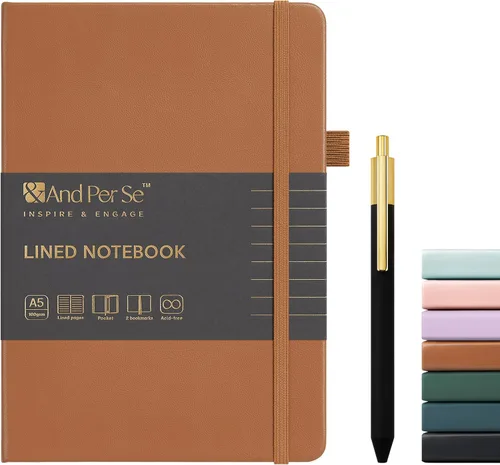 Vista 43 de &And Per Se Juego de diario y bolígrafo forrados (3 paquetes), cuaderno de tapa dura de cuero A5 con bolígrafo y juego de papelería, 160 páginas