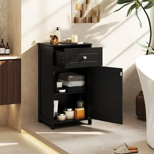 Vista 9 de Giantex Armario de almacenamiento de baño de piso, gabinete independiente con cajón, puerta, estante ajustable, dispositivo antivuelco, organizador