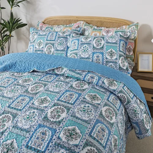 Vista 60 de Juego de cama de dos piezas, tamaño individual, de microfibra, reversible, de retazos, estilo floral, todas las estaciones, patrón de porcelana azul
