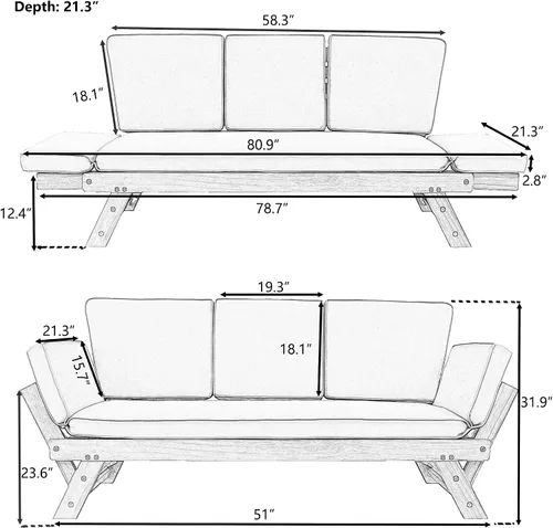Vista 2 de Harper & Bright Designs Sofá convertible para exteriores con reposabrazos ajustable, sofá de madera maciza para patio con cojines, acabado Acabado
