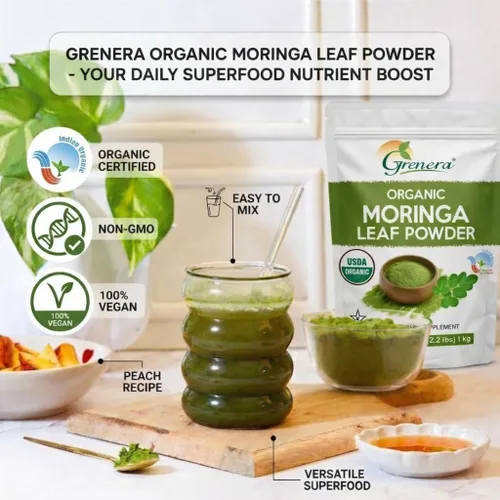 Vista 2 de Grenera Moringa en polvo orgánico Hoja de Moringa Oleifera Ingrediente a base de plantas Probado en laboratorio para calidad Mezcla fácil