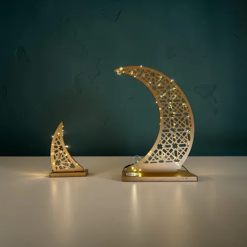 Vista 2 de Soporte de luz de estrella de luna de ramadán, luces nocturnas de bienvenida de Ramadán, decoración de árbol de media luna, decoración de mesa 2 pzas
