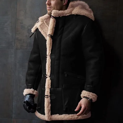 Vista 4 de BIFUTON Abrigos de invierno para hombre, abrigo de piel de oveja de piel de oveja de piel de oveja con capucha gruesa y cálida para hombre