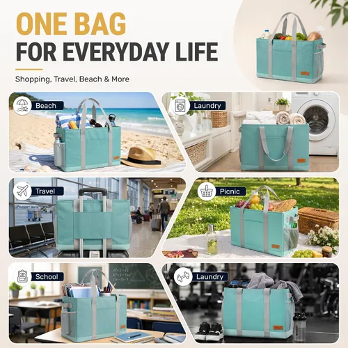 Vista 9 de WONDAY Portador de Bolsa de Compras Reutilizable Extra Grande de Pie con Asa, Treinta y Una Bolsa Utilitaria Plegable para Compras y Playa Verde