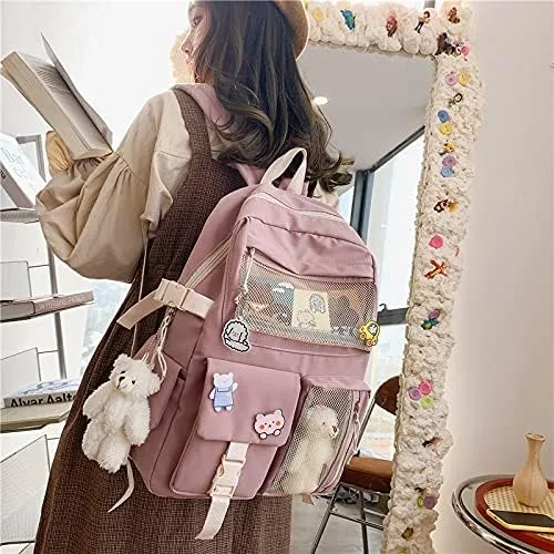 Vista 4 de Mochila kawaii con pin kawaii y accesorios, bonita mochila kawaii para mochila escolar, mochila kawaii para niña linda, Rosado, L, Suave