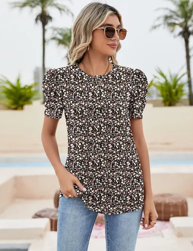 Vista 2 de Ivicoer - Camisa de manga corta abullonada para mujer, con ojales, cuello redondo, ajuste holgado, talla S-XXL