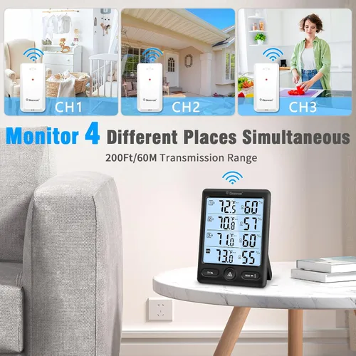 Vista 3 de Geevon Termómetro inalámbrico para interiores y exteriores, 3 sensores remotos, pantalla de 5 pulgadas, termómetro higrómetro digital, monitor