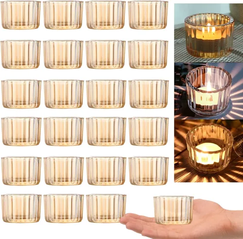 Vista 11 de GOLDEAL Portavelas ámbar Tealight, juego de 24 portavelas de vidrio grueso, portavelas votivas, para decoración de mesa de boda, suministros