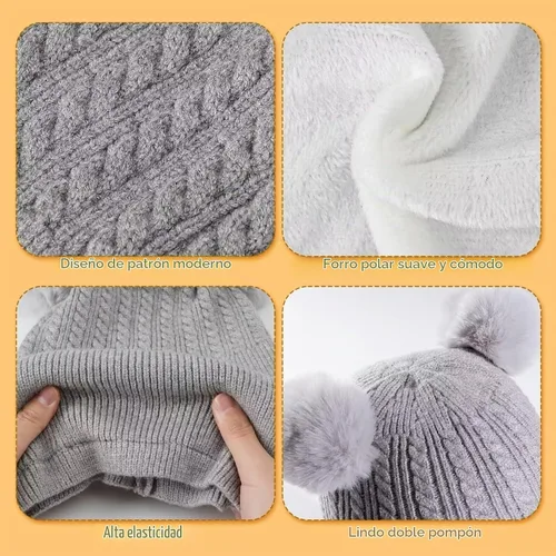 Vista 5 de Conjunto de 2 gorros de invierno para bebé, gorro para niño con calentador de cuello, gorro de punto cálido para clima frío Negro y gris