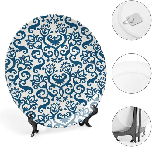 Vista 4 de XISUNYA Plato decorativo de 6 pulgadas, cerámica abstracta, flores ornamentales florales antiguas de damasco, azulejos curvos, impresión artística