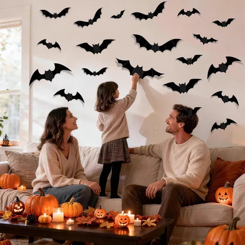 Vista 6 de encavy 68 piezas de decoración de pared de murciélagos, decoraciones de Halloween, calcomanías de murciélago 3D, decoración de Halloween, decoración