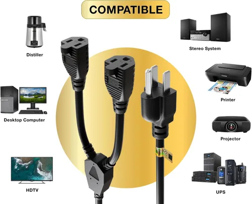 Vista 4 de CableLeader - Cable divisor de cable de alimentación, 2 NEMA 5-15R a 1 NEMA 5-15P, cable divisor en Y, extensión de cable de alimentación y divisor