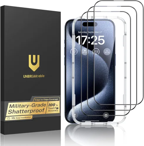 Vista 20 de UNBREAKcable Paquete de 3 protectores de pantalla para iPhone 15, vidrio templado doble a prueba de roturas [marco de instalación fácil]