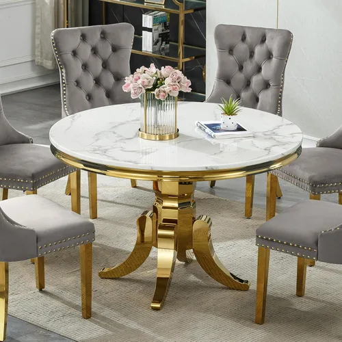 Vista 30 de Mesa de comedor de mármol negro para 4, 6, 70 pulgadas, moderna mesa de comedor de cocina dorada con base de acero inoxidable con diseño