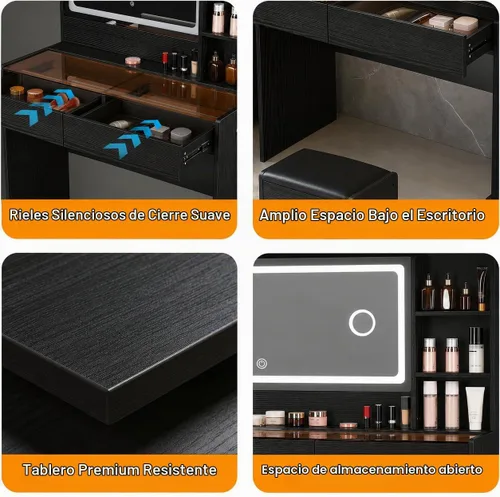 Vista 8 de Escritorio de tocador con espejo y luces, mesa de tocador de maquillaje con parte superior de cristal, tira de luz RGB, brillo ajustable, 2 cajones