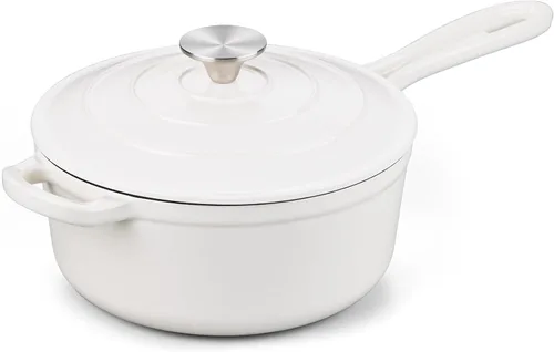 Vista 16 de Onader Sartén de hierro fundido esmaltado, cacerola pequeña de 1 cuarto de galón con tapa, olla de hierro fundido, horno holandés esmaltado, Blanco