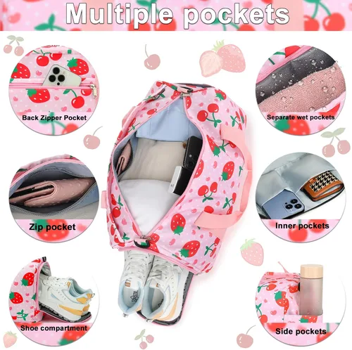 Vista 5 de BTOOP Bolsa de lona para niñas, niños, gimnasio, deportes, mujer, bolsa de viaje para entrenamiento, fin de semana, con compartimento para zapatos