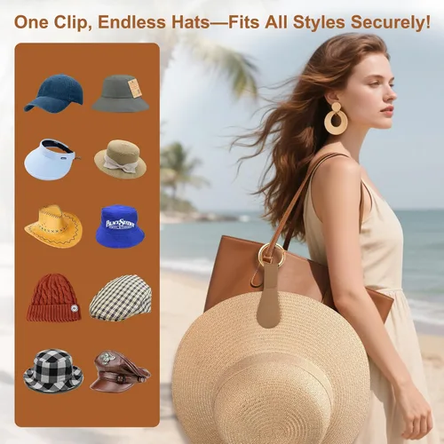 Vista 38 de Clip magnético para sombrero para viajes, 2 soportes de silicona color caqui claro para bolsos, bolsos, equipaje y sombreros de playa, clip