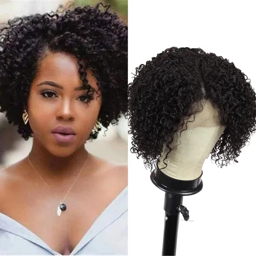 Vista 11 de Blissource Pelucas de cabello humano corto y rizado para mujeres negras, pelucas de cabello humano ondulado con parte en L, pelucas de encaje