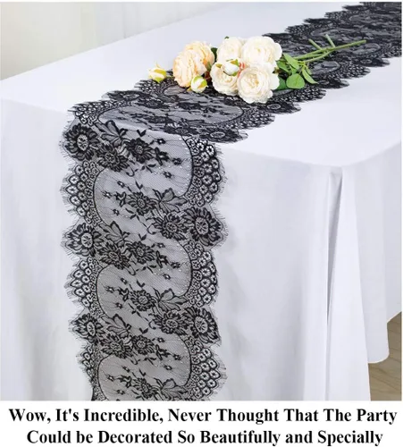 Vista 5 de Partisout Black Lace Tablecloth Rectangular 12x120 Inch Rectangle Scalloped for Lace Tablecloths Wedding Table Cover Romantic Party Tablecloth