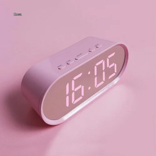 Vista 2 de mooas Reloj despertador digital Pop Mirror, reloj de escritorio LED rosa con luz nocturna, repetición, temperatura, funciona