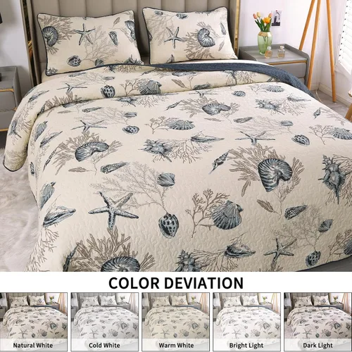 Vista 5 de Comforbed Qucover - Colchas costeras tamaño King, 3 piezas con temática de playa con diseño de estrellas de mar y conchas azules, colchas costeras