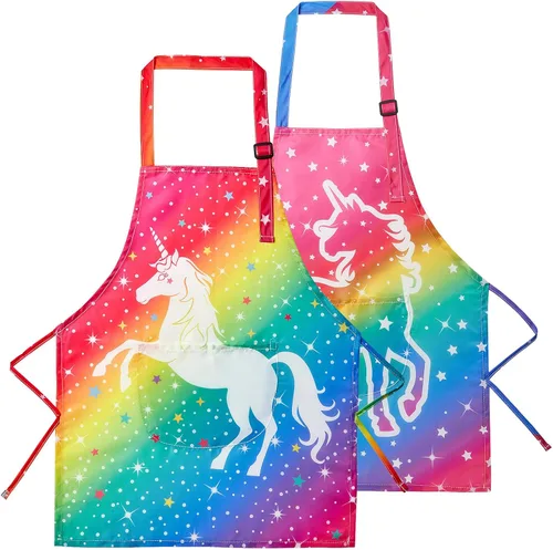 Vista 10 de Lictin Paquete de 2 delantales para niños y niñas para cocinar, delantal de arte impermeable con bolsillos para niños, pintar, cocinar, hornear