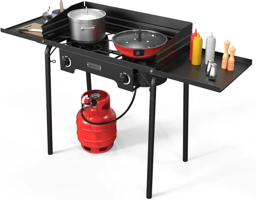 Vista 8 de ROVSUN Estufa de camping al aire libre de 2 quemadores con panel de viento, quemador de propano de 150,000 BTU, cocina de gas con patas desmontables