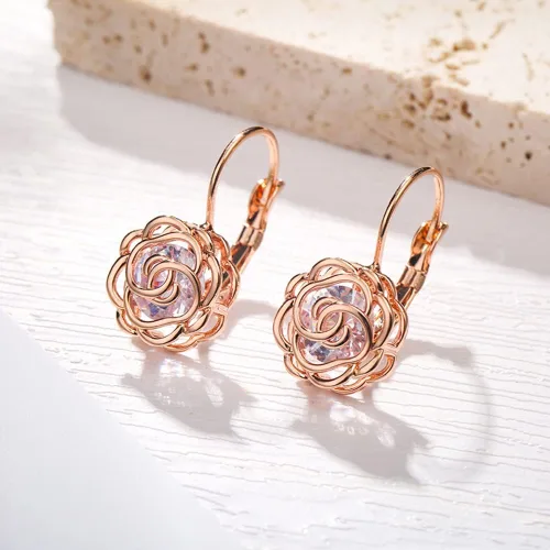 Vista 4 de Pendientes chapados en oro con diseño de flor de rosa con cristal AAAAA Australia transparente para mujer