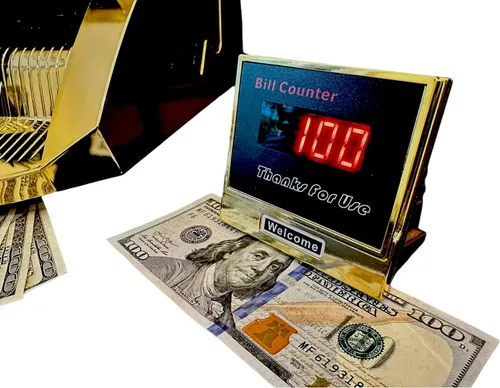 Vista 3 de Máquina de contador de dinero dorado, detector de dinero falso UV/MG/IR y caja de efectivo, contador de billetes portátil con pantalla LED externa