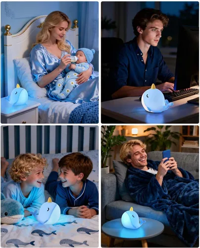 Vista 2 de Fuloon Narwhal - Luz nocturna con forma de ballena, lámpara de silicona blanda para niños, control táctil seguro y relajante para niños y bebés