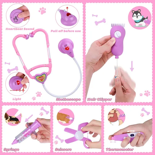 Vista 6 de Gifts2U Juego de jaula para el cuidado de mascotas, clínica veterinaria y kit de médico para niños con disfraz de disfraz, juguetes de aseo