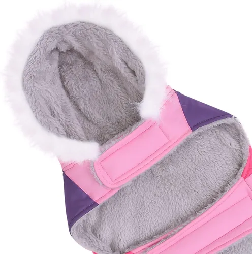 Vista 4 de HDE Chaqueta acolchada para perro, con forro polar, abrigo de invierno cálido para perro con agujero para arnés a rayas rosas, talla S Raya rosa