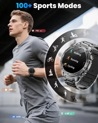 Vista 7 de Relojes inteligentes militares para hombres, reloj inteligente de 1.7 pulgadas con batería de 1000 mAh, linterna LED, frecuencia cardíaca, monitor