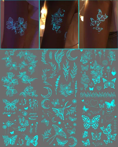 Vista 15 de 20 hojas de tatuajes temporales de mariposa que brillan en la oscuridad para mujeres, flores luminosas, mariposas, alas de tatuaje, calcomanías