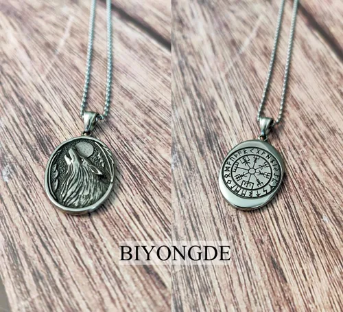 Vista 6 de Colgante de símbolo de lobo vikingo nórdico Vegvisir Mjolnir brújula para hombre, protección de fe, medallón guía amuleto, acero, joyería nórdica