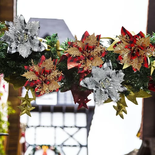 Vista 6 de 24 flores de Pascua de Navidad de 4.7 pulgadas con purpurina roja búfalo a cuadros de flores de nochebuena para adornos de árbol de Navidad