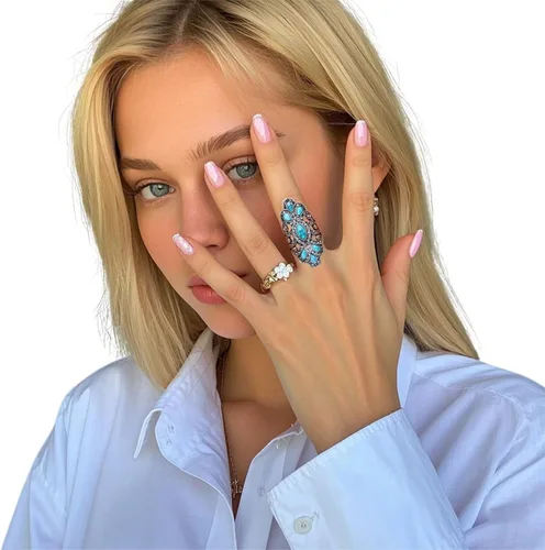 Vista 4 de LadayPoa Anillos vintage azul turquesa para mujer, anillos largos de flores gruesas, anillo de dedo bohemio retro grande, accesorios de joyería punk